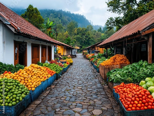 Traditional rural market with cobblestone pathways and a timberframed roof, nestled in a forested rural area, rural market, rustic and inviting photo