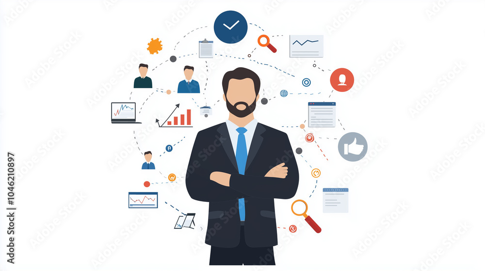 The Mastermind: A confident businessman stands at the center of a network of interconnected business elements, symbolizing his control and mastery over complex processes. The Mastermind: A confident businessman stands at the center of a network of interconnected business elements, symbolizing his control and mastery over complex processes.