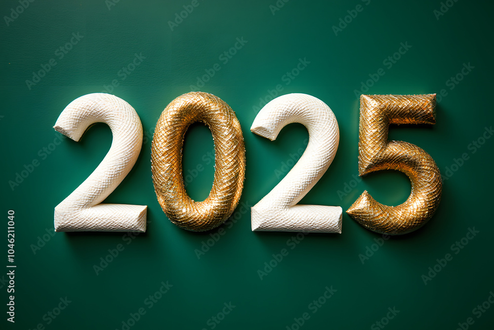 Gold and white 2025 celebration on green background Gold and white 2025 celebration on green background