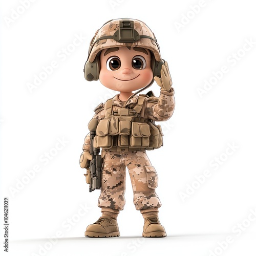 Cartoon Soldier Holding a Rifle and Waving