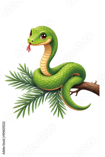 Cartoon green snake on tree branch with leaves