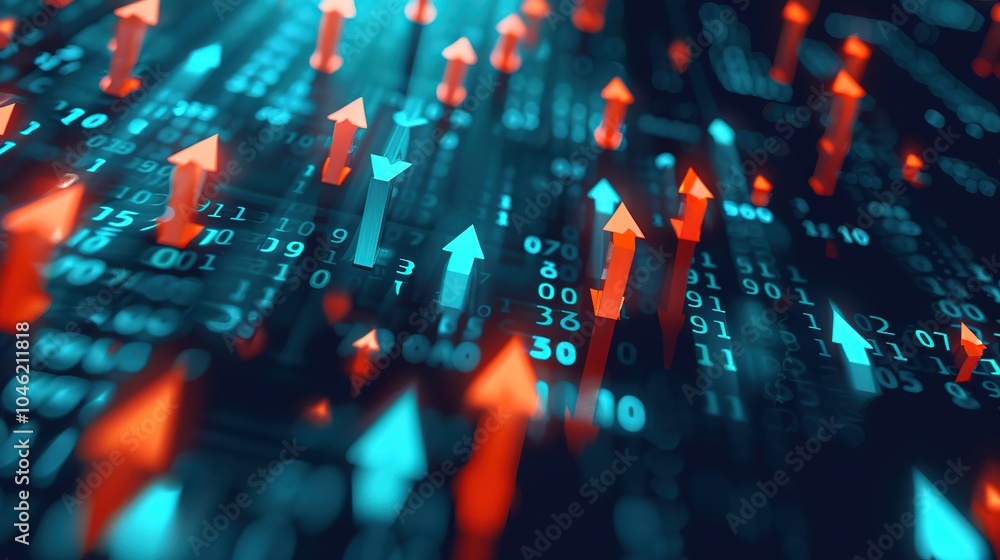 Fototapeta premium Illustration of Arrow Up Market Stocks Background Concept - a positive and indicative visual. The illustration of the arrow up against the market stocks background concept portrays an optimistic and s