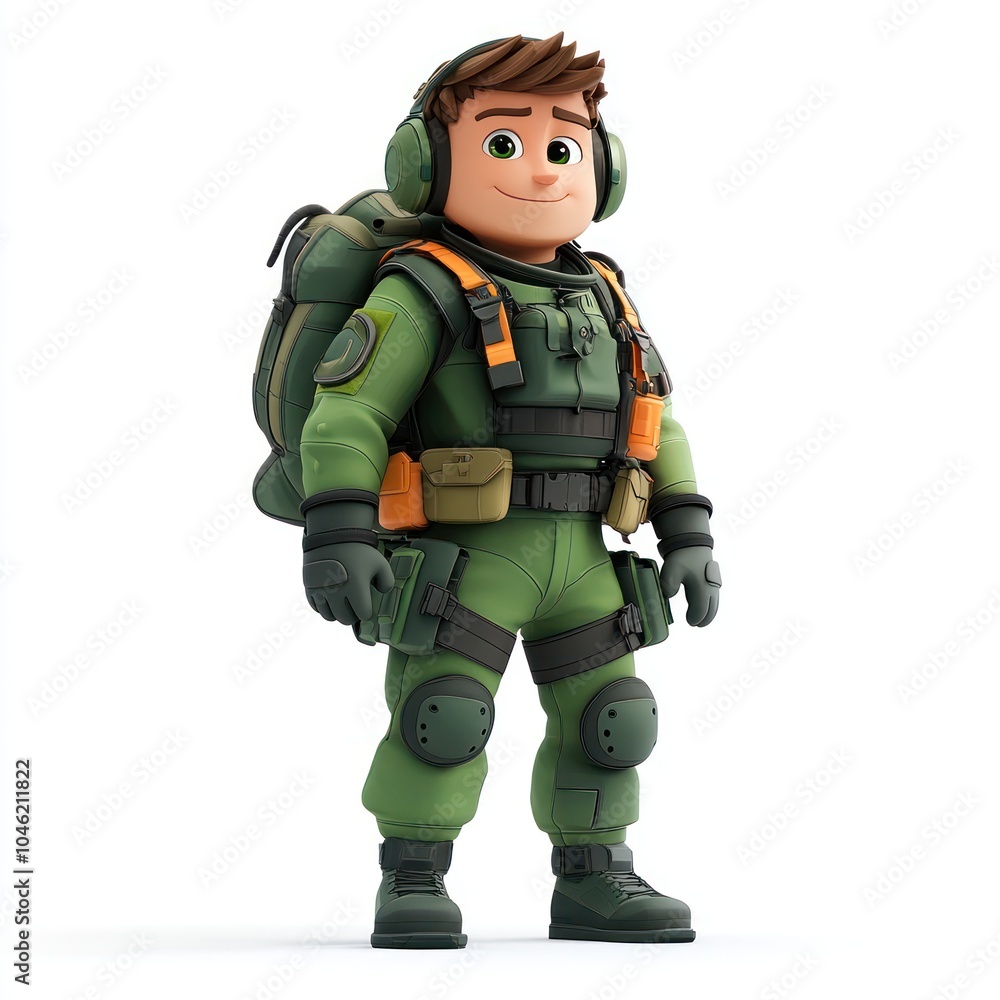 Cartoon soldier with backpack and headphones Cartoon soldier with backpack and headphones