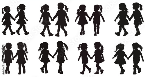 Vector silhouettes of a children playing and holding hands. Silhouettes of children playing. Silhouettes of children playing and holding hands. Vector illustrations of girl playing silhouettes