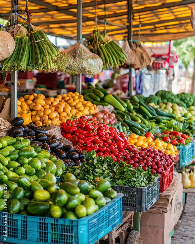 Fototapeta premium Fresh Produce Vendors Under Market Canopy