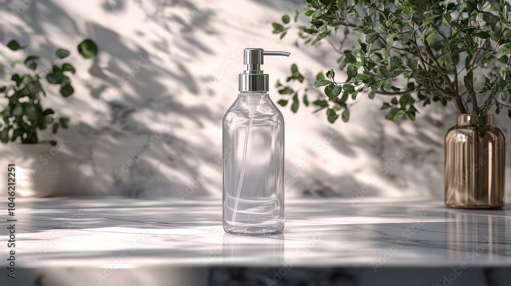 Clear pump bottle on a marble surface surrounded by greenery. Clear pump bottle on a marble surface surrounded by greenery.