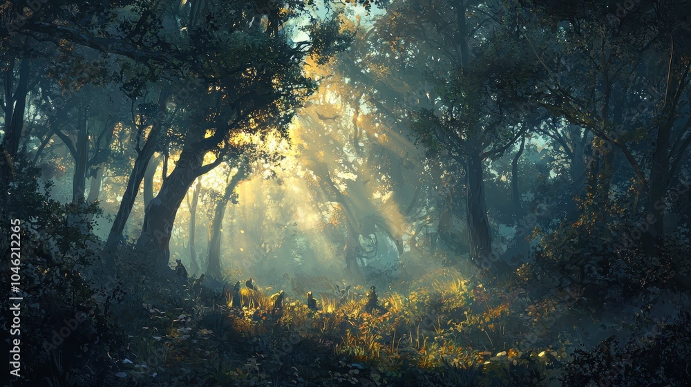 Obraz premium Sunlight Filtering Through a Vibrant Forest Landscape