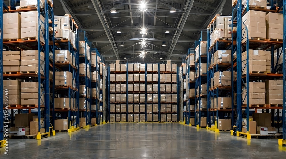 Large warehouse with stacked pallets and organized storage, showcasing efficient logistics and industrial operations Large warehouse with stacked pallets and organized storage, showcasing efficient logistics and industrial operations