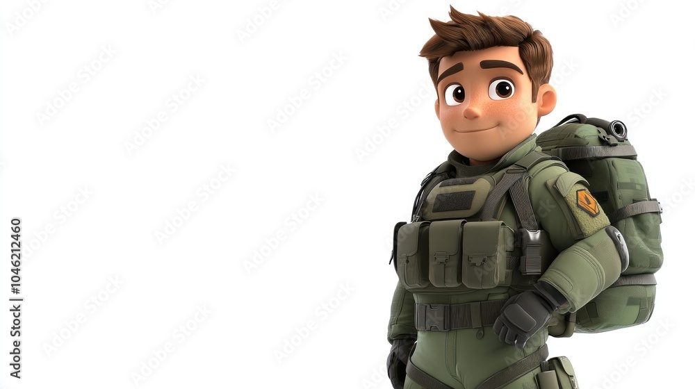 Cartoon Soldier with Backpack and Gear Cartoon Soldier with Backpack and Gear
