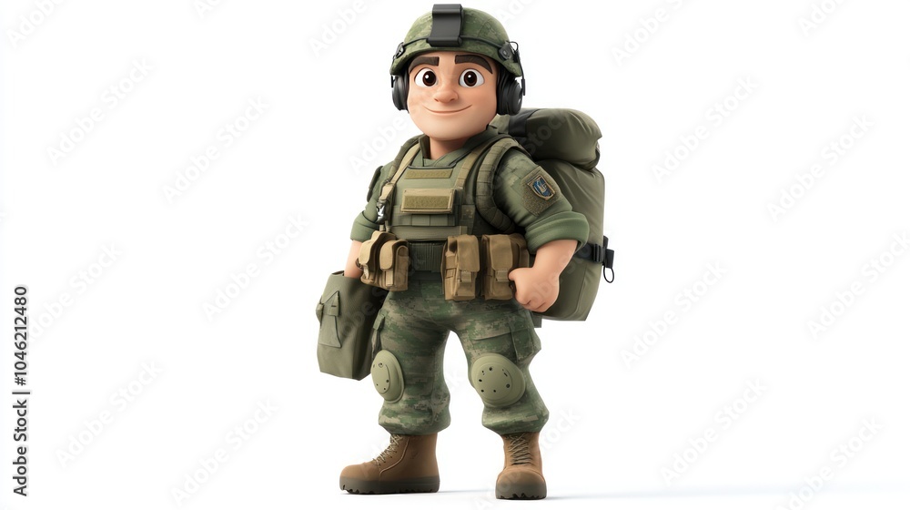 Cartoon Soldier in Camouflage Uniform with Backpack and Gear Cartoon Soldier in Camouflage Uniform with Backpack and Gear