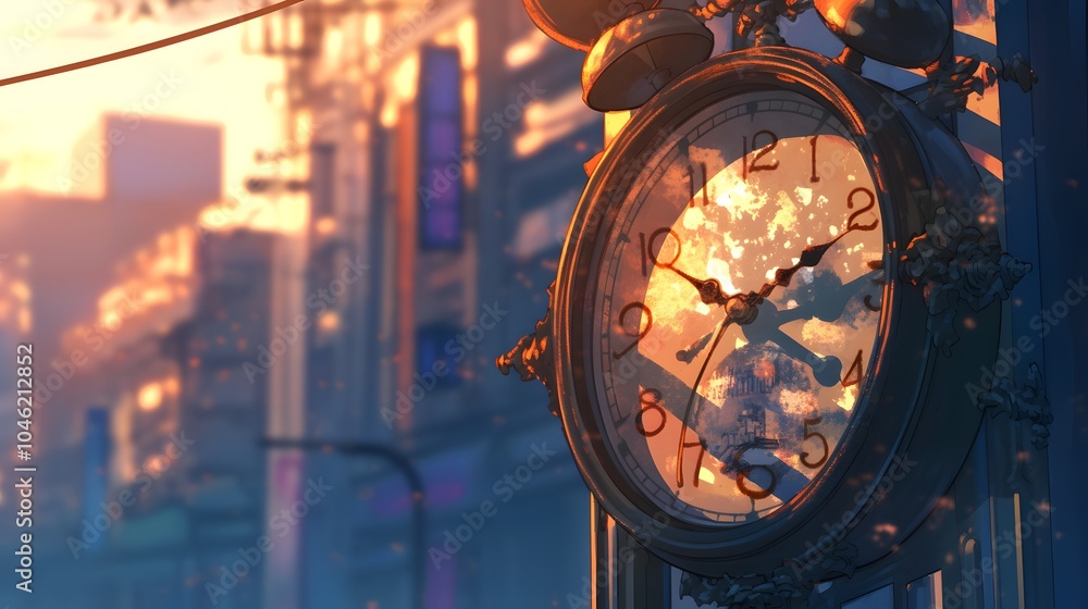 Obraz premium A macro shot of an old-fashioned clock on a street corner, its glass slightly fogged from the cool evening air, with the twilight city reflected faintly on its surface.