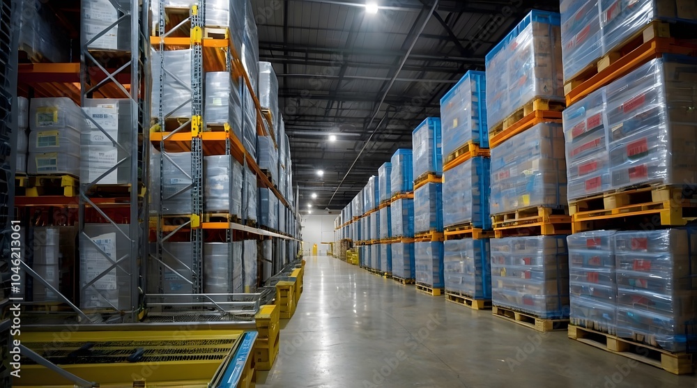 Fototapeta premium Large warehouse with stacked pallets and organized storage, showcasing efficient logistics and industrial operations