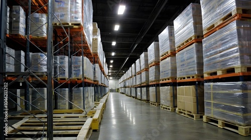 Large warehouse with stacked pallets and organized storage, showcasing efficient logistics and industrial operations