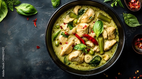 A Thai green curry, with chicken, bamboo shoots, and basil in a creamy coconut milk sauce.