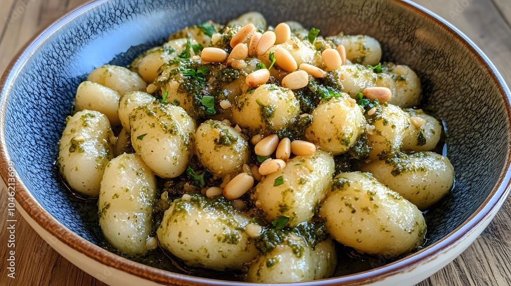 A bowl of gnocchi, with a pesto sauce and toasted pine nuts.
A bowl of gnocchi, with a pesto sauce and toasted pine nuts.