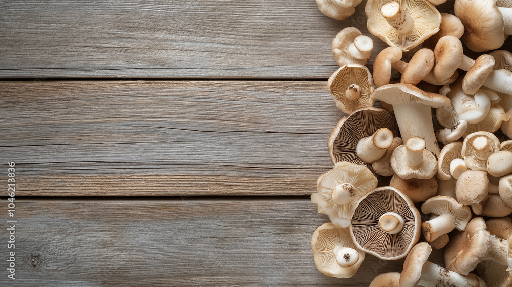 variety of edible mushrooms arranged on a weathered wooden surface showcasing their unique shapes and textures,perfect for cooking or foraging enthusiasts,copy space variety of edible mushrooms arranged on a weathered wooden surface showcasing their unique shapes and textures,perfect for cooking or foraging enthusiasts,copy space
