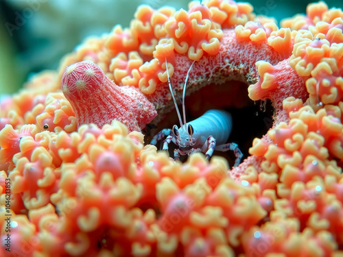 A small crab is hiding in a sea anemone. The anemone is orange and has many small bumps photo