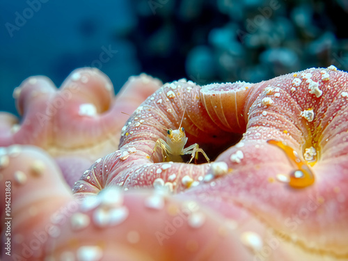 A small crab is sitting inside of a pink sea anemone. The anemone is covered in white spots and the crab is surrounded by a lot of water photo