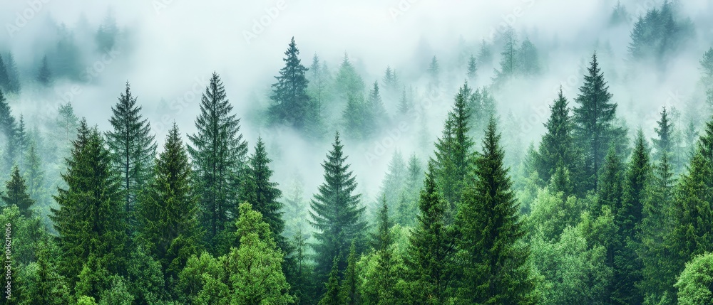 Fototapeta premium Dense green pine forest shrouded in thick white morning mist during an overcast day.