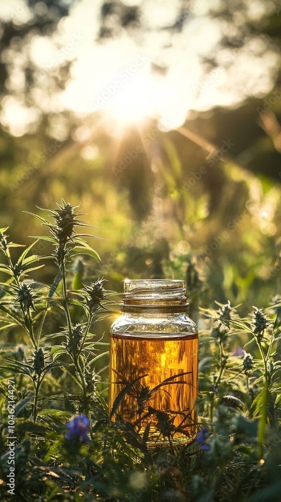 Golden sunlight illuminates a jar of herbal infusion nestled among lush green plants, creating a magical scene of natural harmony and wellness in a serene garden setting. Golden sunlight illuminates a jar of herbal infusion nestled among lush green plants, creating a magical scene of natural harmony and wellness in a serene garden setting.