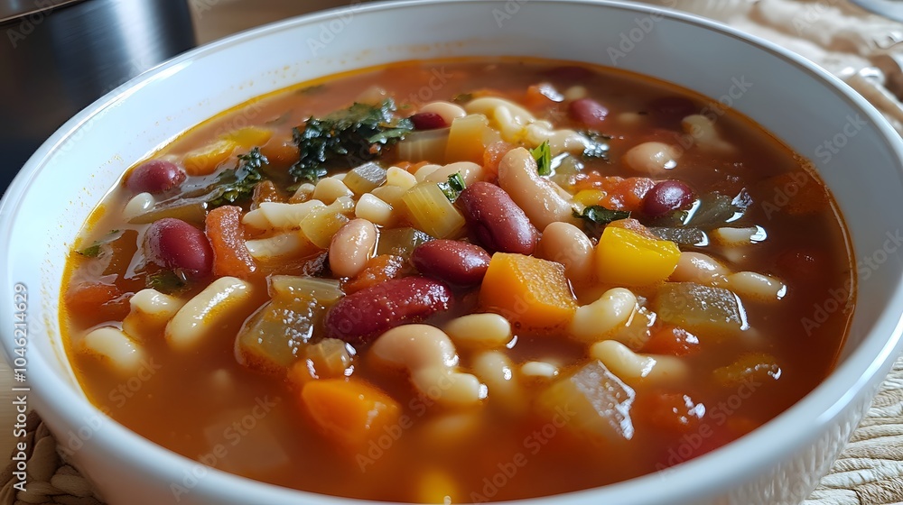 A bowl of minestrone soup, packed with vegetables, beans, and pasta in a hearty tomato broth.
A bowl of minestrone soup, packed with vegetables, beans, and pasta in a hearty tomato broth.