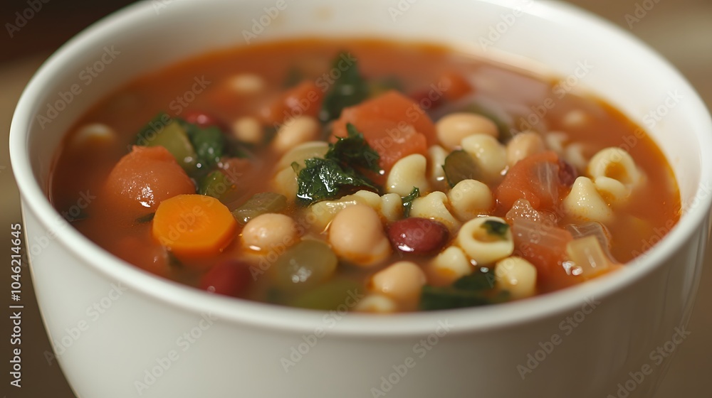 A bowl of minestrone soup, packed with vegetables, beans, and pasta in a hearty tomato broth.
A bowl of minestrone soup, packed with vegetables, beans, and pasta in a hearty tomato broth.