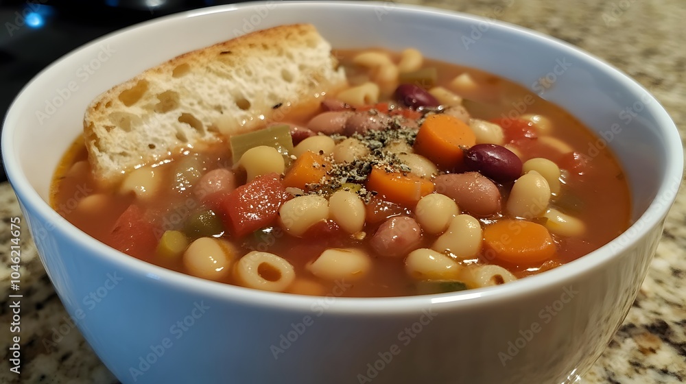 A bowl of minestrone soup, packed with vegetables, beans, and pasta in a hearty tomato broth.
A bowl of minestrone soup, packed with vegetables, beans, and pasta in a hearty tomato broth.