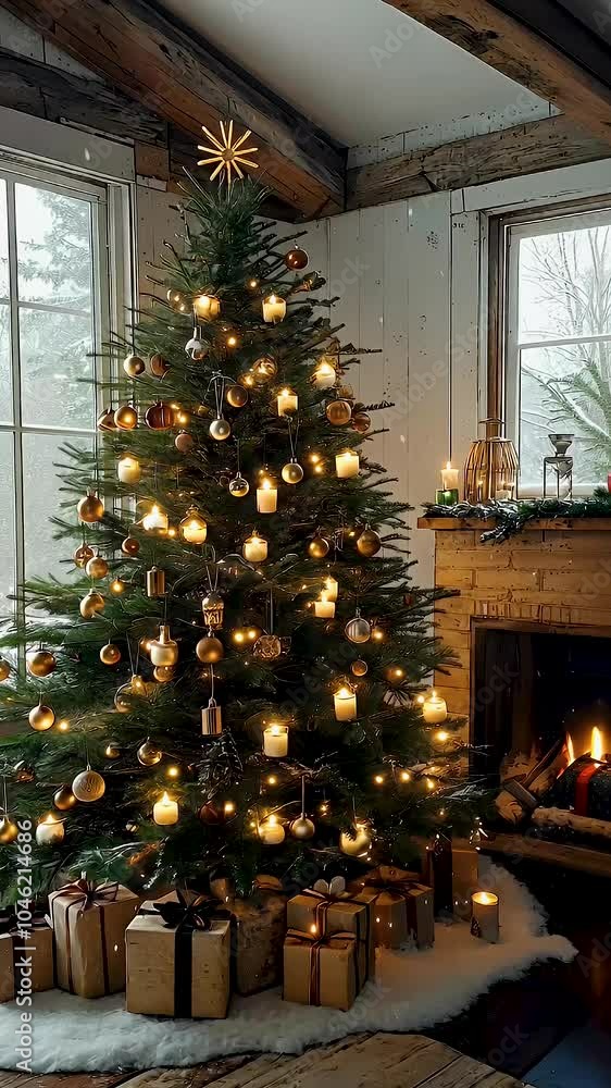 Cozy Living Room with Beautifully Decorated Christmas Tree, Golden Ornaments, and Glowing Candles Creates Festive Atmosphere with Presents Underneath for Perfect Winter Holiday. Cozy Living Room with Beautifully Decorated Christmas Tree, Golden Ornaments, and Glowing Candles Creates Festive Atmosphere with Presents Underneath for Perfect Winter Holiday.
