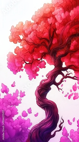 Vibrant Artistic Representation of a Unique Twisted Tree with Colorful Blossoms