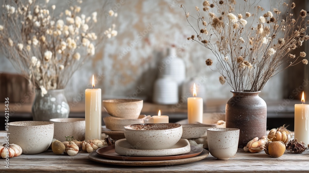 Fototapeta premium A cozy tabletop setting featuring dried flowers, candles, and rustic dishware, creating a warm and inviting atmosphere.