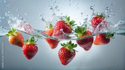 Strawberries splashing into water with dynamic droplets around high angle