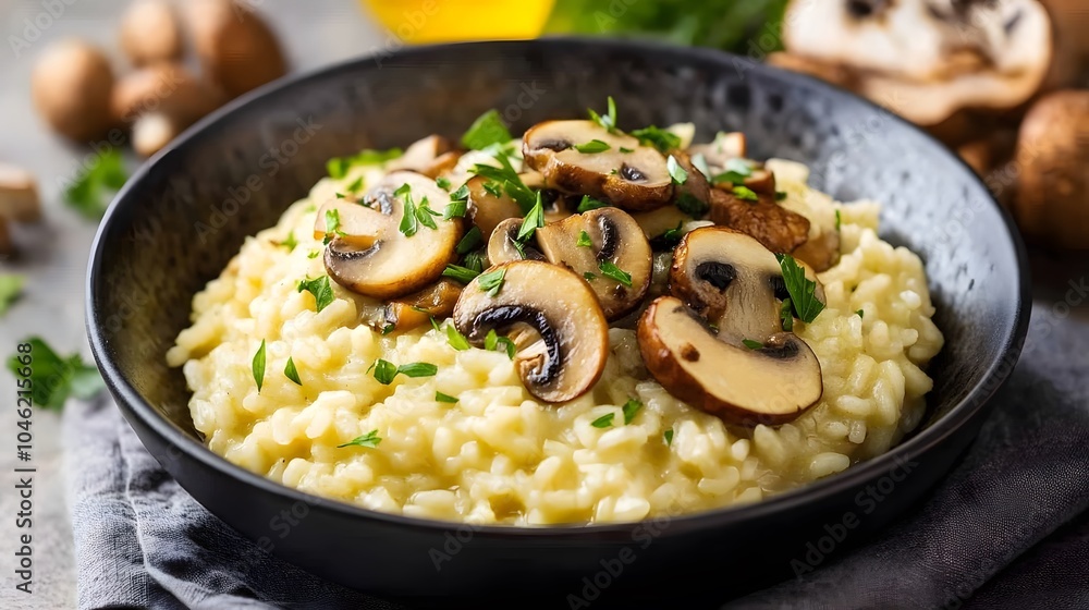 A classic Italian risotto, creamy with saffron and Parmesan, topped with sautéed mushrooms.
A classic Italian risotto, creamy with saffron and Parmesan, topped with sautéed mushrooms.