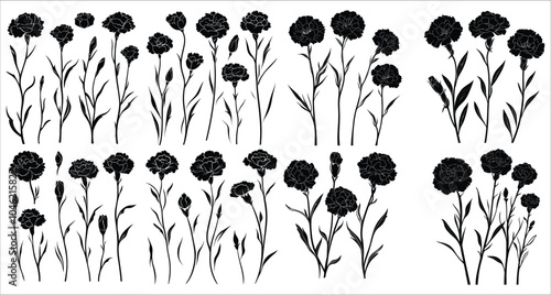 Set of decorative carnation flower silhouettes. Elegant carnation flower silhouettes. Artistic carnation flower silhouette vector collection. Black silhouettes of carnation flower vector art