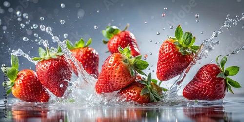 Strawberries splashing water with falling strawberries in a medium shot