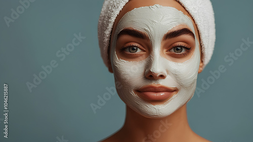 Woman with Clay Mask and Towel on Head Spa Treatment Skin Care