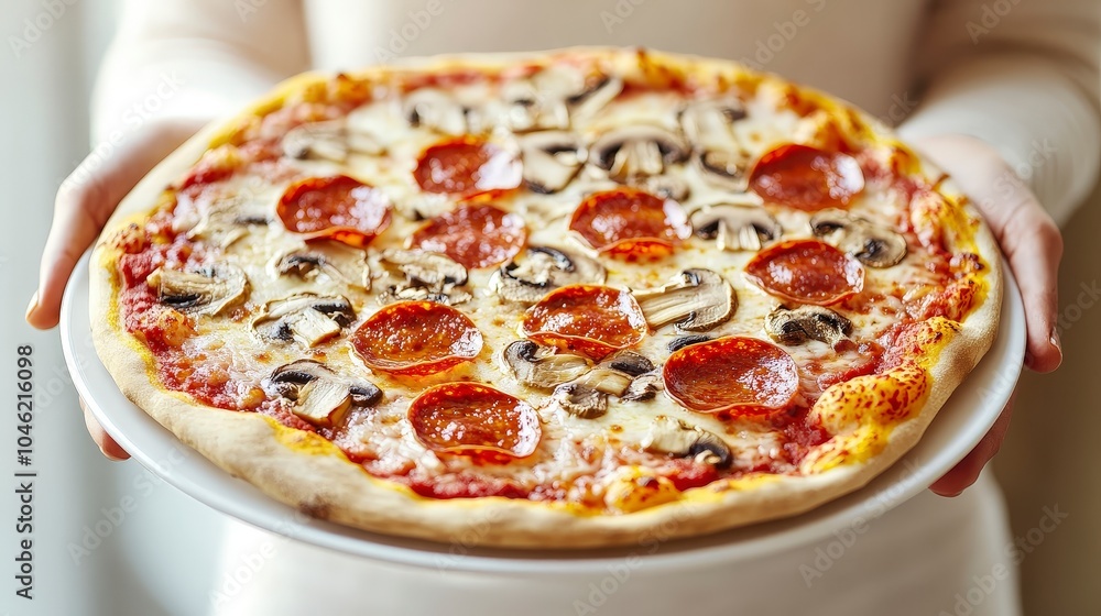 A person holds a freshly baked pizza topped with pepperoni and mushrooms on a plate. A person holds a freshly baked pizza topped with pepperoni and mushrooms on a plate.