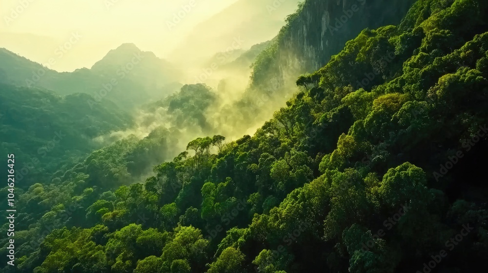 Fototapeta premium Lush Green Forest with Misty Mountain Background