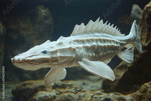 Close-up of a beluga sturgeon, showcasing the elongated body and textured skin.