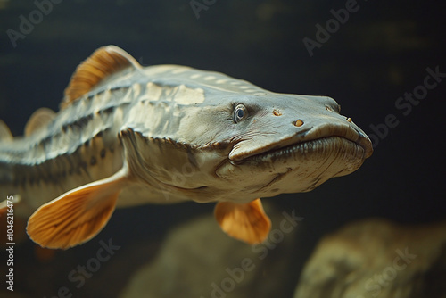 Close-up of a beluga sturgeon, showcasing the elongated body and textured skin. photo