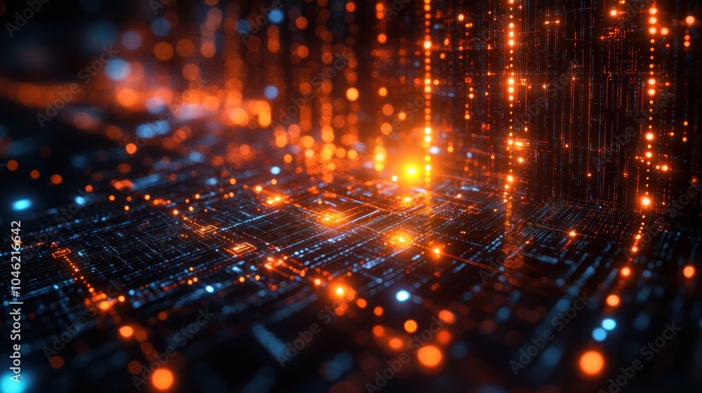 Abstract digital landscape with glowing data streams and particles. Abstract digital landscape with glowing data streams and particles.