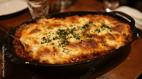 A dish of lasagna, with layers of rich Bolognese sauce, béchamel, and melted mozzarella.