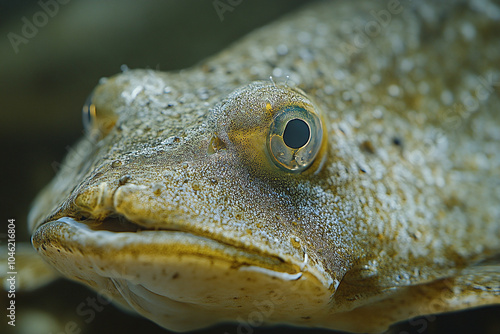 Close-up of a flounder, highlighting the flat body and camouflaged skin. photo