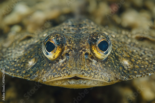 Close-up of a flounder, highlighting the flat body and camouflaged skin. photo