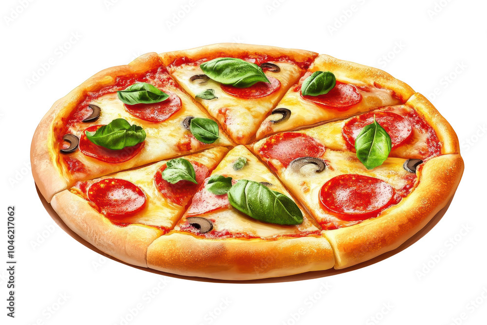 Pepperoni Pizza with Cheese, Basil & Olives Pepperoni Pizza with Cheese, Basil & Olives