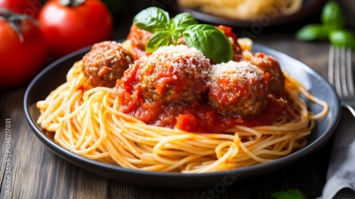 A heaping plate of spaghetti and meatballs, with a rich marinara sauce and grated Parmesan.