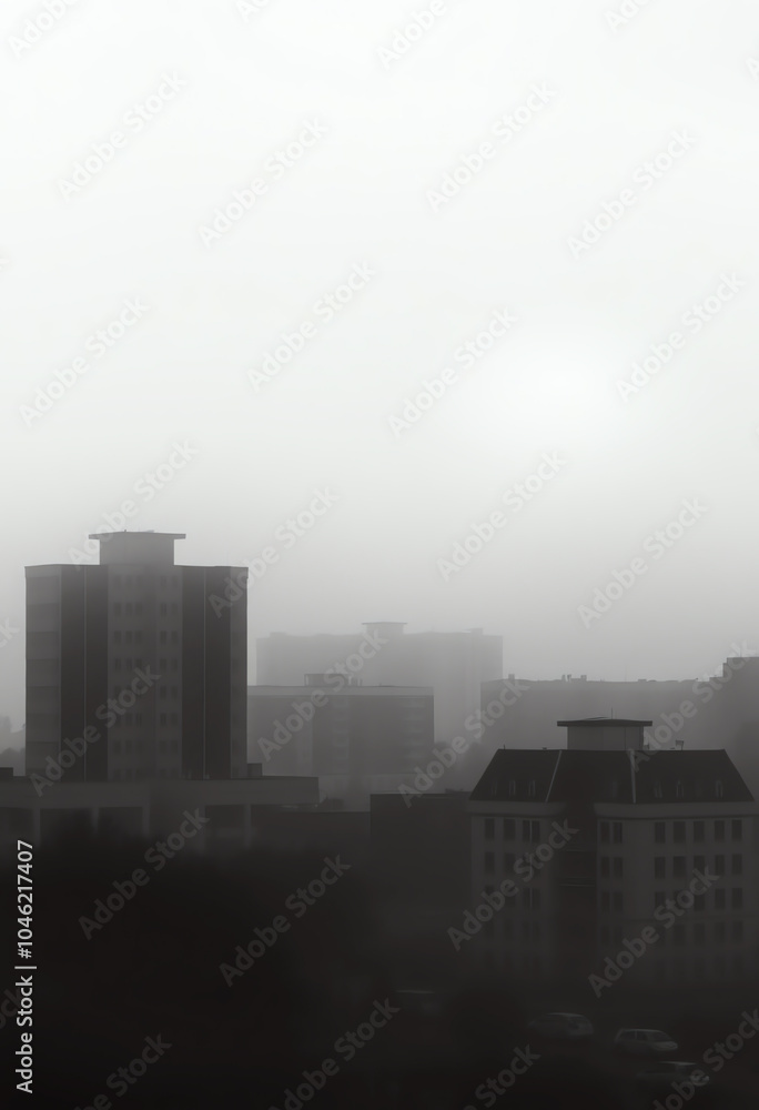 Foggy Tall buildings fog in the foreground with copy space for text pollution environment concept Foggy Tall buildings fog in the foreground with copy space for text pollution environment concept