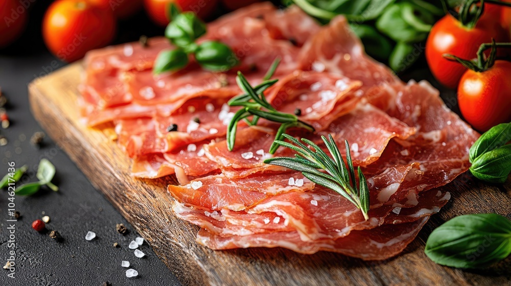 Sliced cured meat on wooden board with fresh herbs and tomatoes. Sliced cured meat on wooden board with fresh herbs and tomatoes.