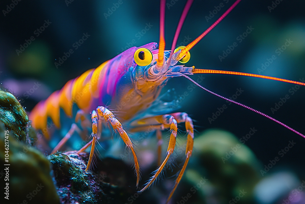 Close-up of a manta shrimp, highlighting the vibrant colors and segmented body. Close-up of a manta shrimp, highlighting the vibrant colors and segmented body.