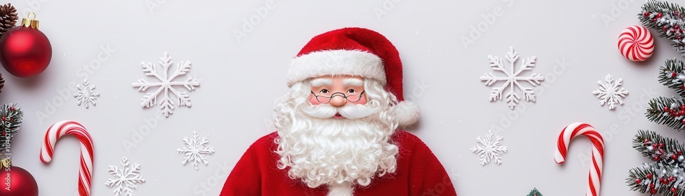 A festive Santa Claus figure surrounded by holiday decorations like candy canes and ornaments, set against a snowy background. A festive Santa Claus figure surrounded by holiday decorations like candy canes and ornaments, set against a snowy background.