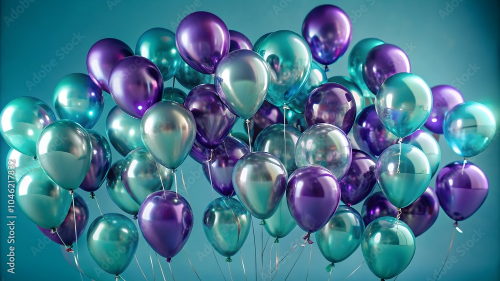 Fototapeta premium Flying purple and glass balloons on purple backgro